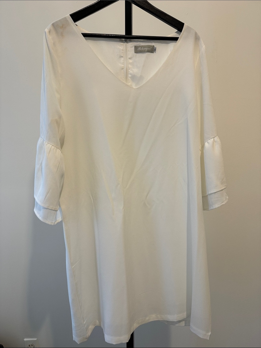 Soft White Colored V-Neck Bell Sleeve Women's Dress
